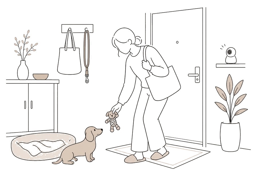 子犬の留守番を始める前の小さな練習。の画像