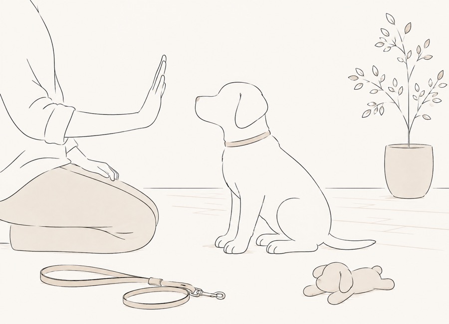 犬のしつけ、手の合図、リード、おもちゃの線画