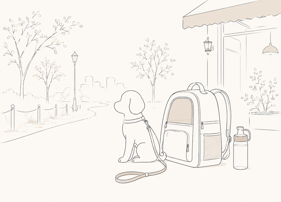 犬用リュック、リード、水筒、カフェと公園の線画