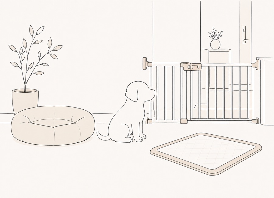子犬のベッド、トイレ、ペットゲートの線画