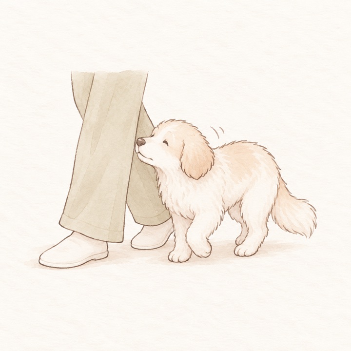 不安でついて回る犬のイラスト
